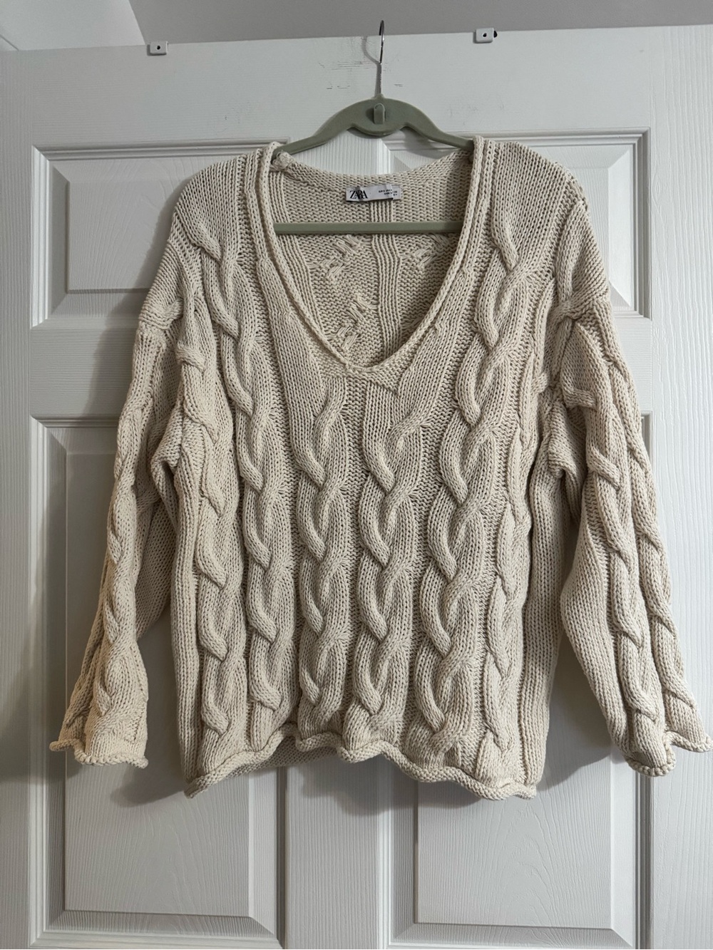 Zara Oversized Chunky Cable Knit Sweater Cream V Neck Slouchy Size S